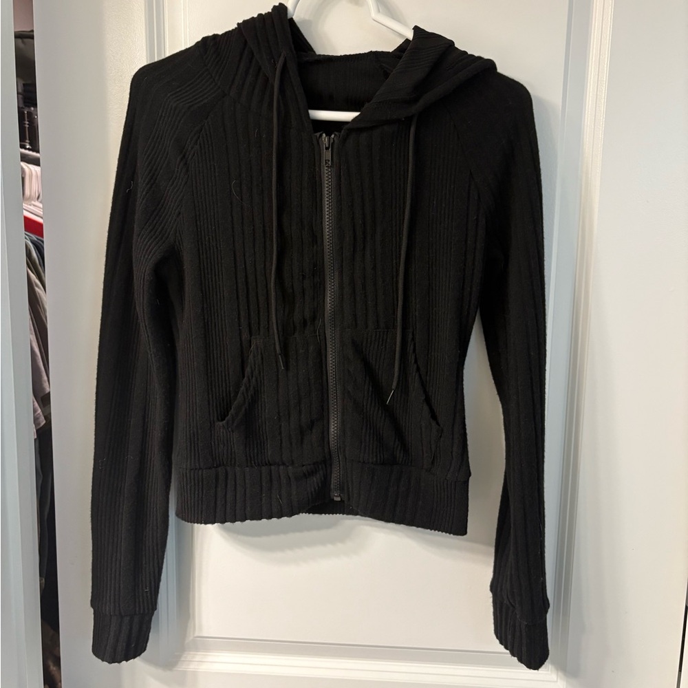 Black Ribbed Zip-Up Hoodie